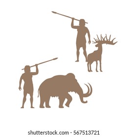 Silhouettes of ancient man and animals, mammoth and deer, isolated vector for logo design.