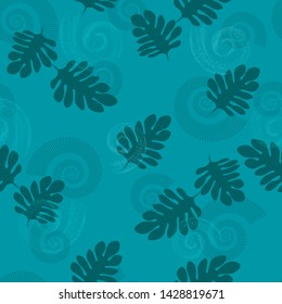 Silhouettes of ancient mollusks and leaves on a blue background. Seamless pattern for fabric, gift paper. Vector