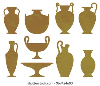 Silhouettes of ancient vases with texture, set of ceramic vases