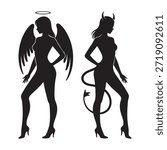 Silhouettes of angel and devil girls, vector illustration