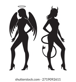 Silhouettes of angel and devil girls, vector illustration