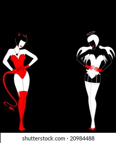 Silhouettes of an angel and devil on a black background