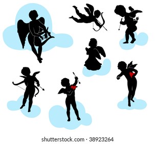 Silhouettes of angels, cherubs and cupids