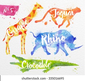 Silhouettes of animal giraffe, rhino, crocodile, cheetah drawing color paint on background of paper