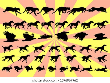 Silhouettes of animal movement in frames step by step for a cheetah, horse, eagle, dog, hare or rabbit.