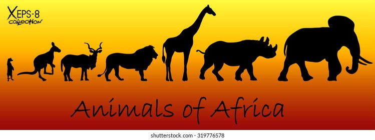 Silhouettes of animals of Africa: meerkat, kangaroo, kudu antelope, lion, giraffe, rhino, elephant. Vector illustration