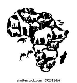 Silhouettes of Animals and Birds on Africa Map