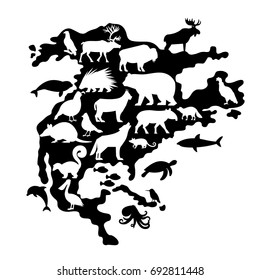 Silhouettes Of Animals And Birds On North America Map