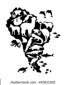 Silhouettes of Animals and Birds on South America Map