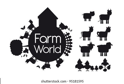 silhouettes animals farm isolated over white background. vector illustration