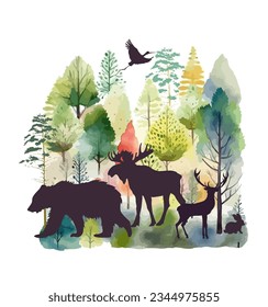 Silhouettes of animals in the forest. Vector illustration