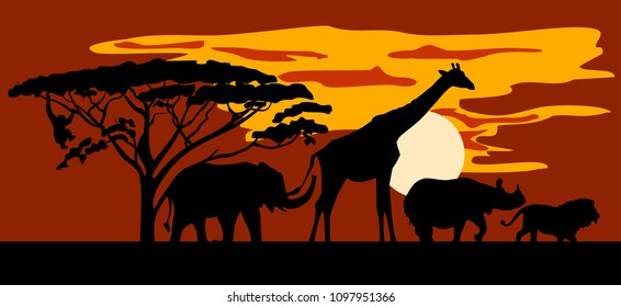 Silhouettes of animals on the background of Savannah. Lion, Rhino, giraffe, elephant, monkey. Horizontal background. vector