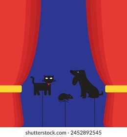 Silhouettes of animals on a theater stage, shadow puppet theater concept