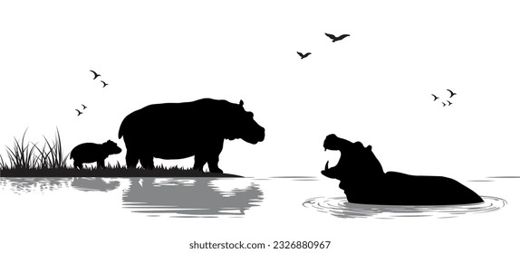Silhouettes of animals in the savanna. African landscape with hippos and small hippopotamus. The family of animals bathes in the river. Isolated. Vector illustration