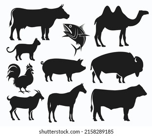 Silhouettes Animals Set Icon. Set Silhouette Standing Animals Icons Template.