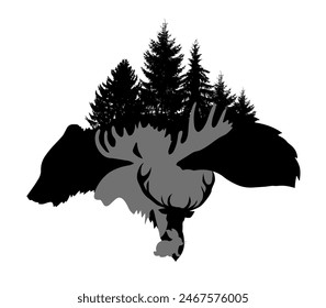 Silhouettes of animals symbol of the forest. hand drawing. Not AI. Vector illustration