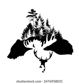 Silhouettes of animals symbol of the forest. hand drawing. Not AI. Vector illustration.