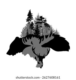 Silhouettes of animals symbol of the forest. hand drawing. Not AI. Vector illustration