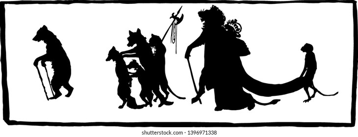 Silhouettes of animals, two animals in king and queen dress and another animal holding dress of queen, other animals walking before them, vintage line drawing or engraving illustration