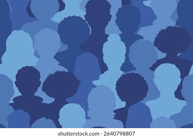 Silhouettes of anonymous diverse people seamless pattern. Multiethnic diversity, community of men and women, group, collective. Vector illustration in blue colors