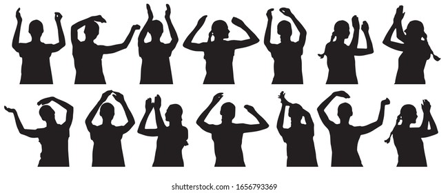 Silhouettes of applauding woman, clapping hands, waving hands. Vector illustration.