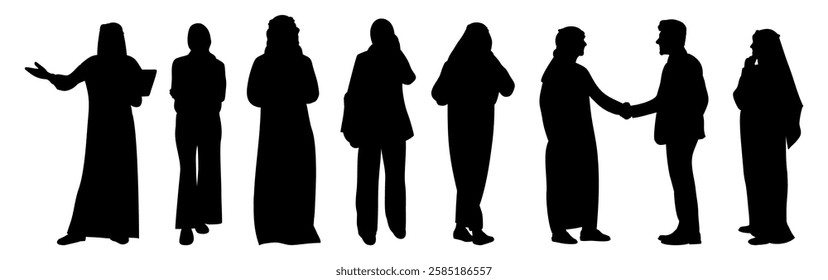 Silhouettes of Arab Business people, men and women, standing in traditional and smart casual clothes with hijab, shaking hands, using laptop, phone, tablet. Vector black illustrations isolated