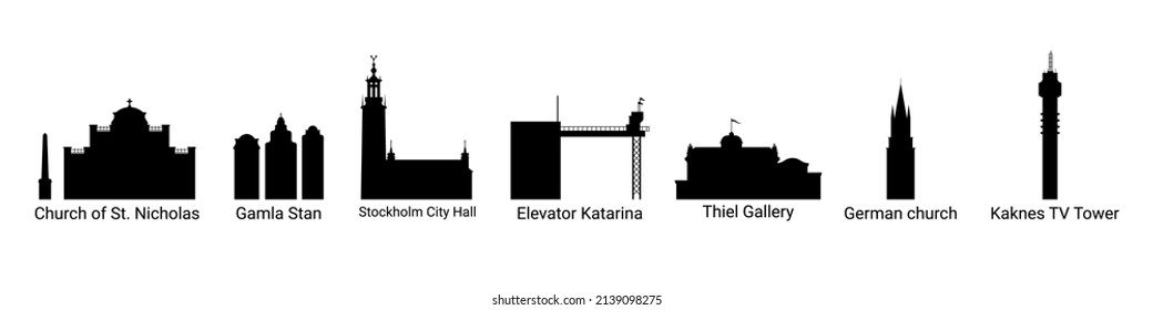 Siluetas de monumentos arquitectónicos de estocolmo. Ilustración vectorial para crear su propio diseño, aislado en un fondo blanco.