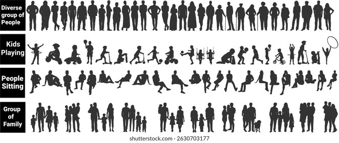 silhouettes of architecture drawing people. Architectural drawing of diverse people, kids playing, people sitting and group of family in row section elevation view. characters in architectural