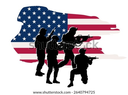  Silhouettes of armed US soldiers in combat poses over USA flag background. Symbol of national military forces, United States of America defense, modern warfare, geopolitics, tactical operations
