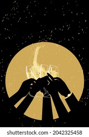 Silhouettes of the arms of a group of people toasting with champagne at a night party while golden confetti falls. Vector illustration