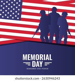 Silhouettes of army soldiers with USA flag. Memorial Day.Vector