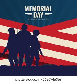 Silhouettes of army soldiers with USA flag. Memorial Day, Independence Day.Vector