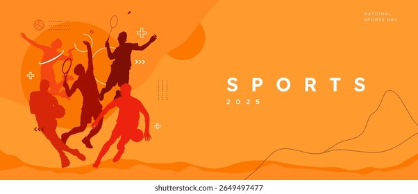 Silhouettes of athletes playing various sports like badminton, basketball, and volleyball on an abstract orange background with "Sports 2025" text. Perfect for National Sports Day or sports campaign
