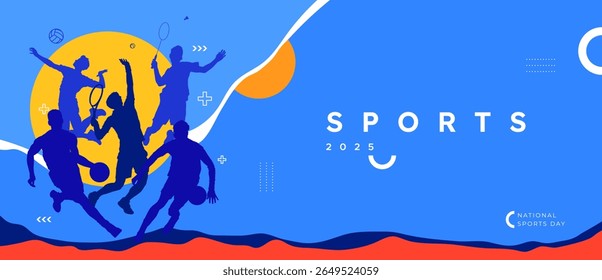 Silhouettes of athletes playing various sports like badminton, basketball, and volleyball on an abstract blue background with "Sports 2025" text. Perfect for National Sports Day or sports campaign