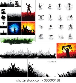 Silhouettes of athletes and posters with cheering fans