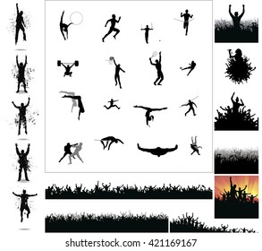 Silhouettes of athletes and posters with cheering fans