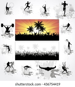 Silhouettes of athletes and posters with cheering fans 