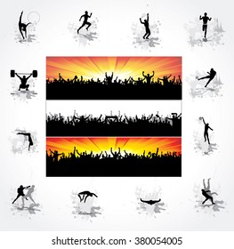 Silhouettes of athletes and posters of happy fans 