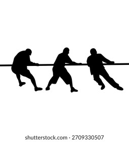 Siluetas de atletas tirando de una cuerda en un concurso de tira y afloja, mostrando trabajo en equipo, fuerza, competencia, esfuerzo y acción deportiva en poses dinámicas.