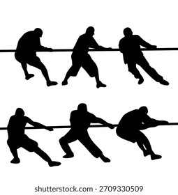 Siluetas de atletas tirando de una cuerda en un concurso de tira y afloja, mostrando trabajo en equipo, fuerza, competencia, esfuerzo y acción deportiva en poses dinámicas.