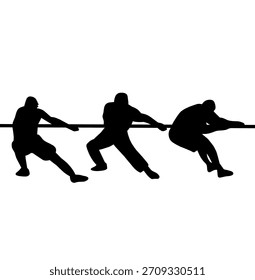 Silhouettes of athletes pulling a rope in a tug of war contest, showing teamwork, strength, competition, effort, and sports action in dynamic poses.