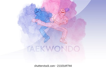 Silhouettes of athletes in red and blue. Logo, leaflet, poster for a sports school. Taekwondo martial arts.