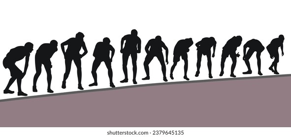 Silhouettes of athletes running from a high start. Running, cross, sprinting, jogging, walking