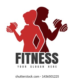 Silhouettes of Athletic Man and Woman with dumbbels. Fitness club Logo or Emblem. Vector illustration.