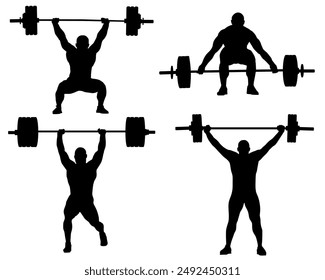 Silhouetten von Athletic Men, Power Athletic, Strong Man, Barbell, Bodybuilding, Gym, Sportler, Vektorgrafik