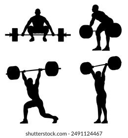 Silhouettes of Athletic Men, Sportsman, Bodybuilding, Gym, Power Athletic, Strong Man, Barbell, Isolated, Vector Illustration