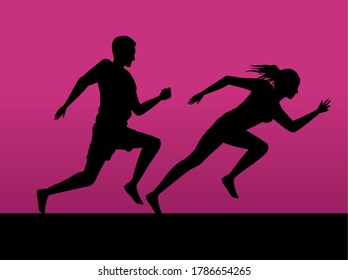 silhouettes of athletics couple running vector illustration design