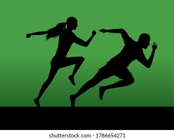 silhouettes of athletics couple running vector illustration design