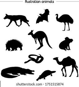 Silhouettes of Australian wild animals on a white background. 