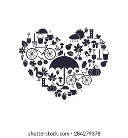 silhouettes of autumn icons arrange in the form of heart, vector for design